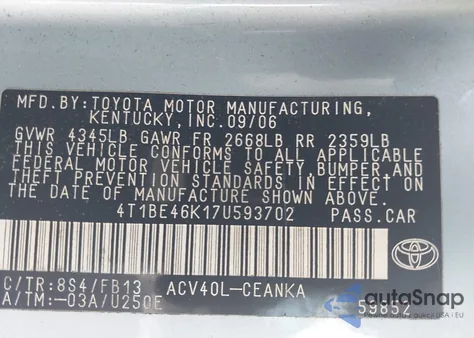 2007 Toyota Camry Le z USA, uszkodzony, nr VIN 4T1BE46K17U593702